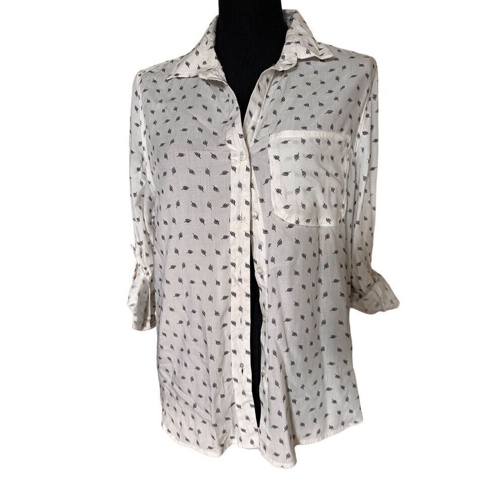 Velvet Heart White Button Up Blouse with Tiny Black Feather Print Size Small